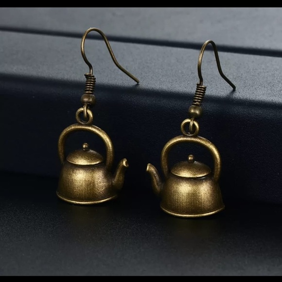 Vintage Bronze Kettle Shape Dangle Earrings for Women Girl Retro coffee Drop - Picture 2 of 5